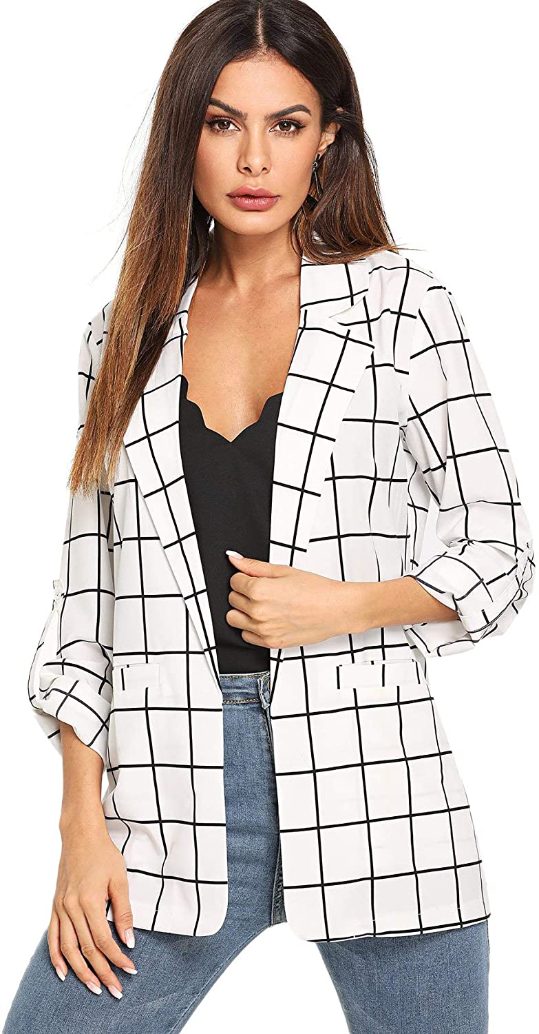 Milumia Womens Open Front Blazer Shirt Casual Plaid Roll Up Sleeve Jacket with Pocket