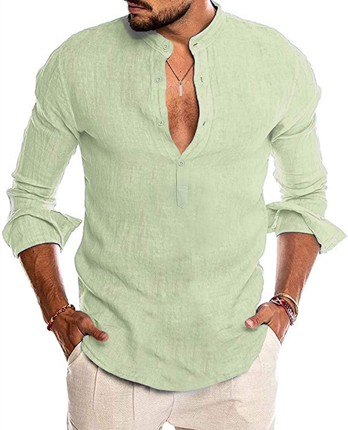 LecGee Men's Cotton Linen Henley Shirt Casual Long Sleeve Hippie T Shirt Beach Yoga Tops 