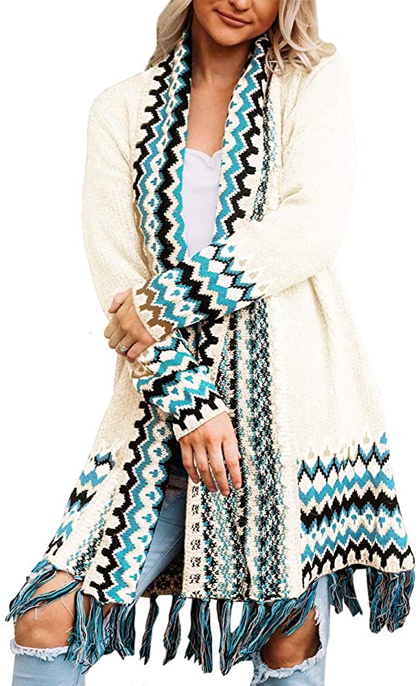 Womens Plus Size Boho Long Cardigans Loose Tassel Open Front Aztec Print Long Sleeve Sweater Coats