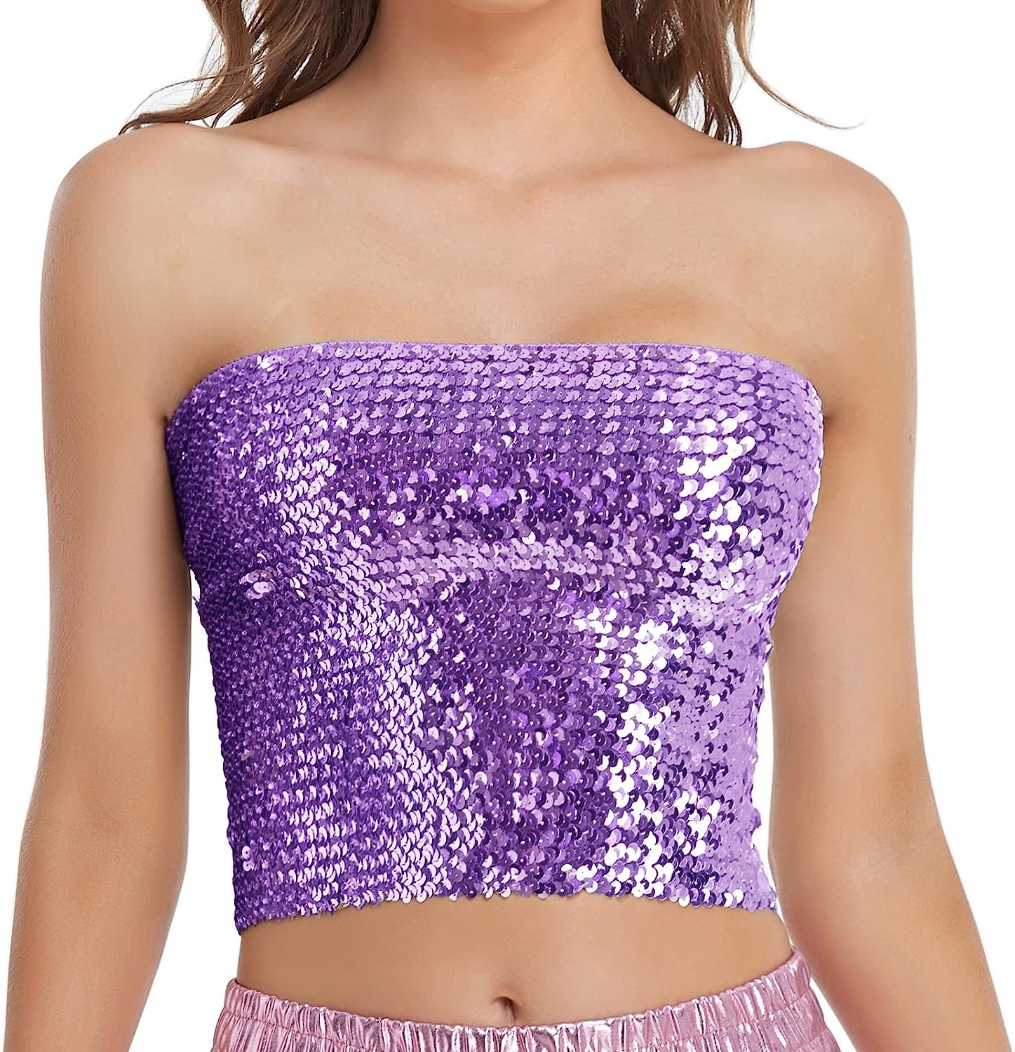 Womens Sparkly Sequin Mermaid Crop Tops, Strapless Metallic Tube