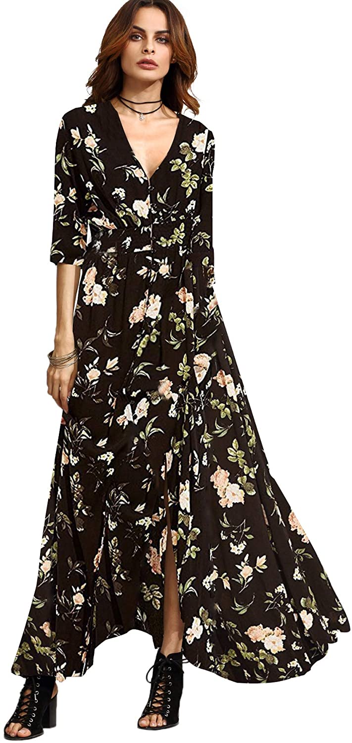 Milumia Womens Boho Deep V Neck Floral Chiffon Wrap Split Long Maxi Dress 