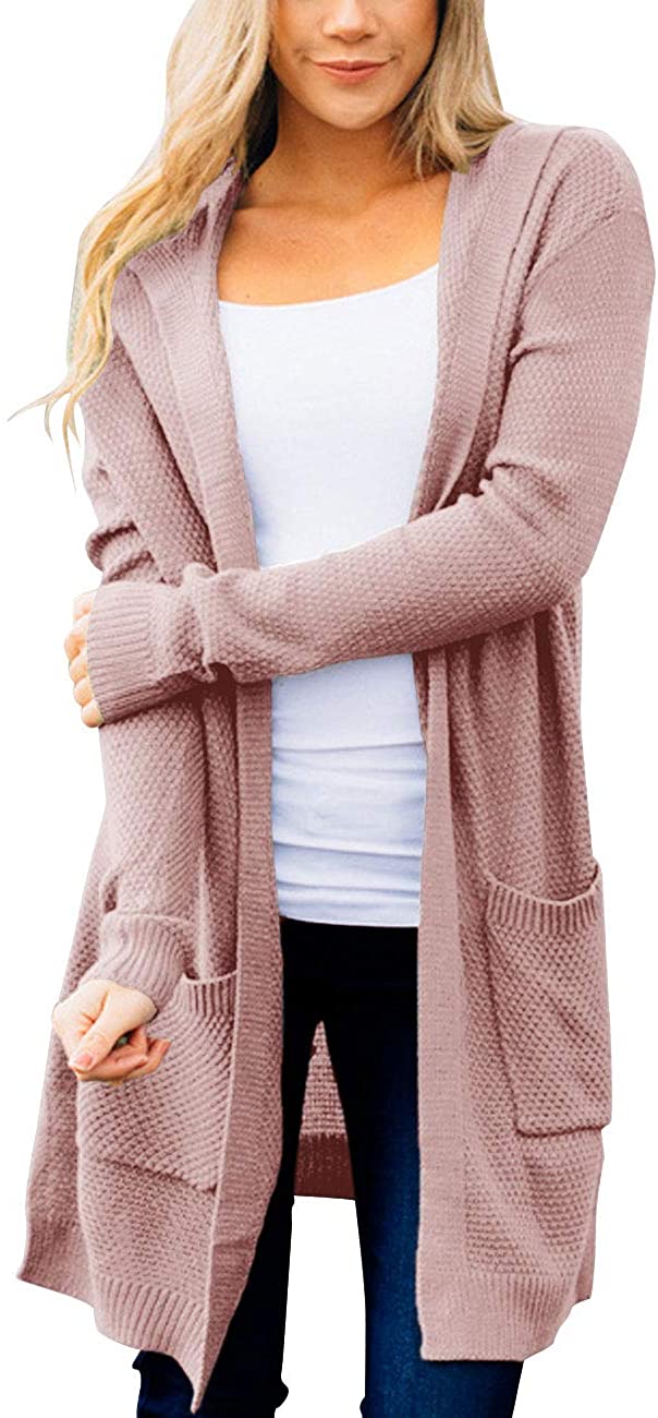MEROKEETY Womens Long Sleeve Open Front Hoodie Knit Sweater Cardigan with Pockets