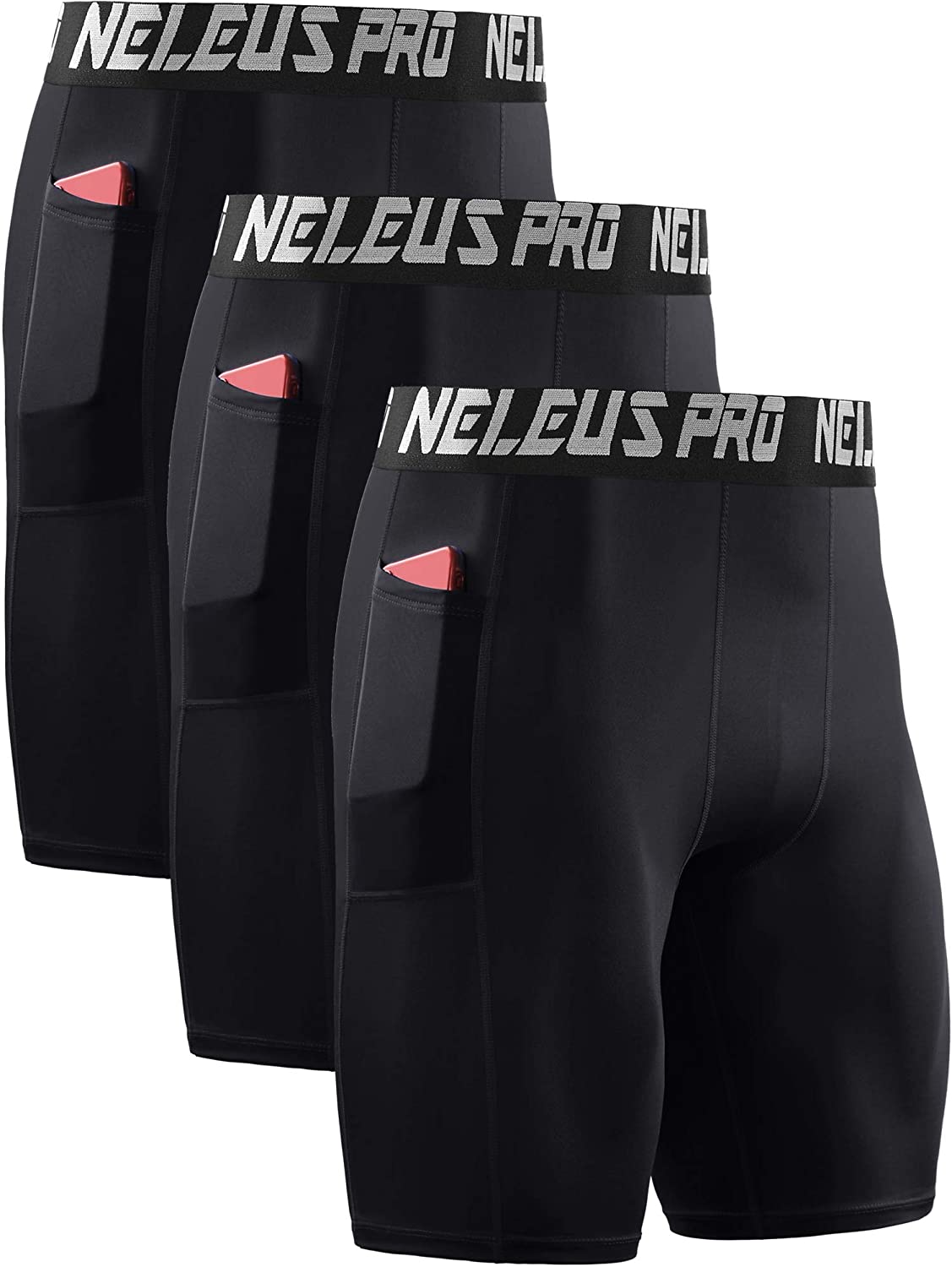 Neleus Men's 3 Pack Compression Short - red - Small 