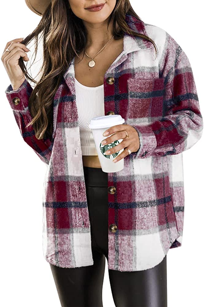 Beaully Womens Casual Plaid Shackets Brushed Flannel Button Down ...