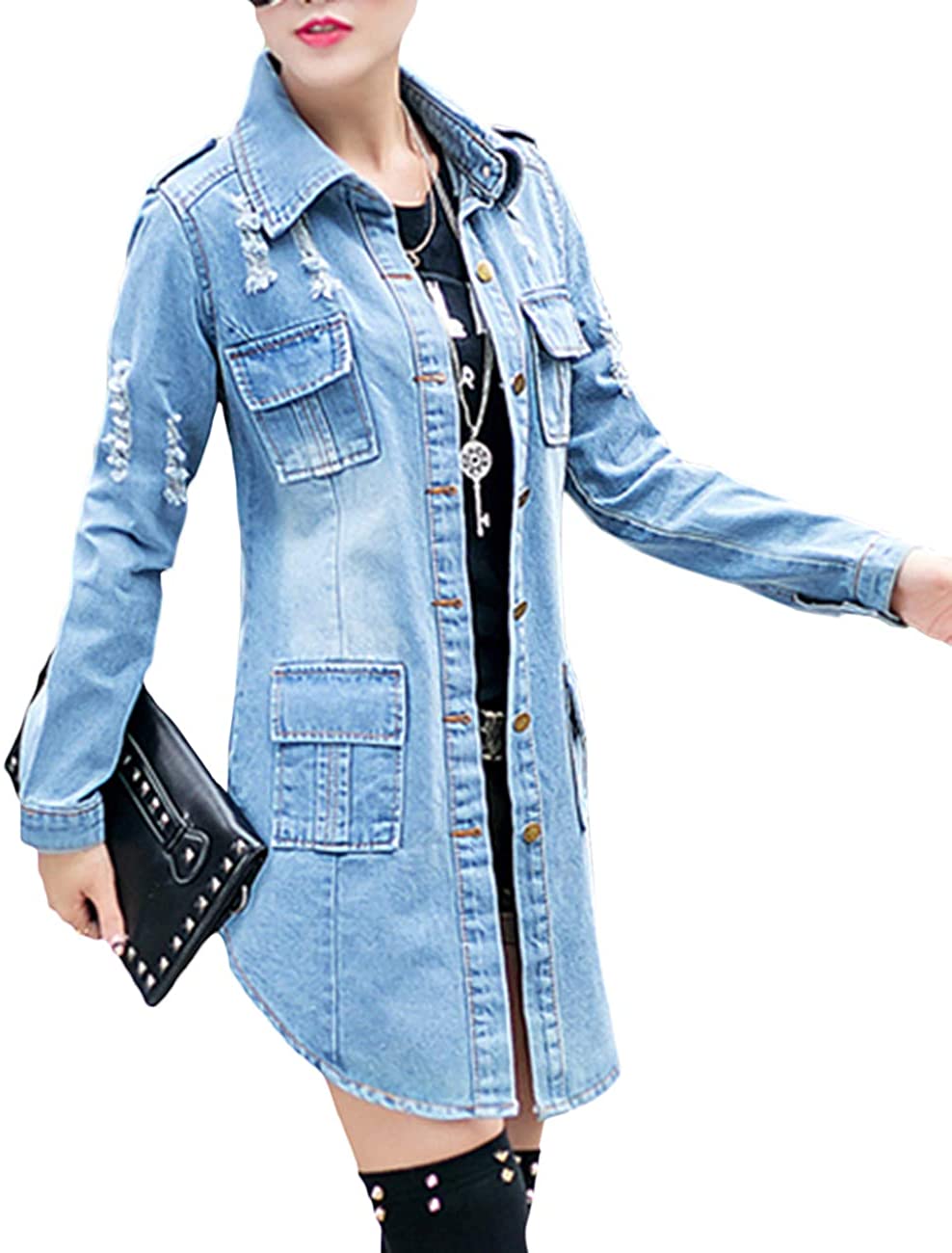 Women's Distressed Denim Jeans Outfits Coat Spring Fall Ripped Jeans Outerwear Denim Jacket