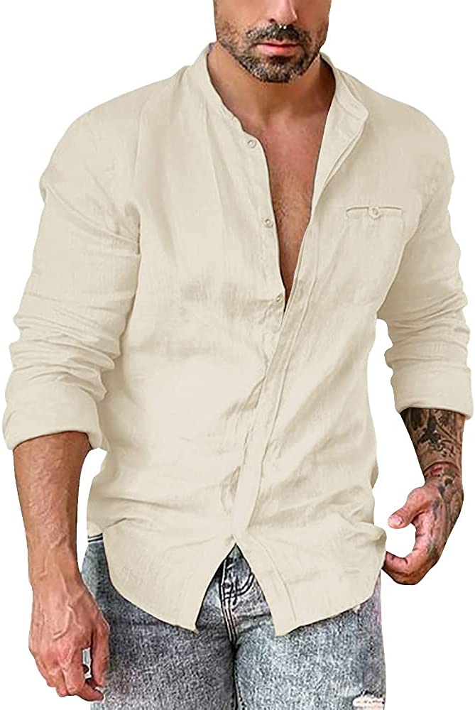 Mens Long Sleeve Shirts Linen Cotton Buttons Beach Yoga Casual Summer Shirts