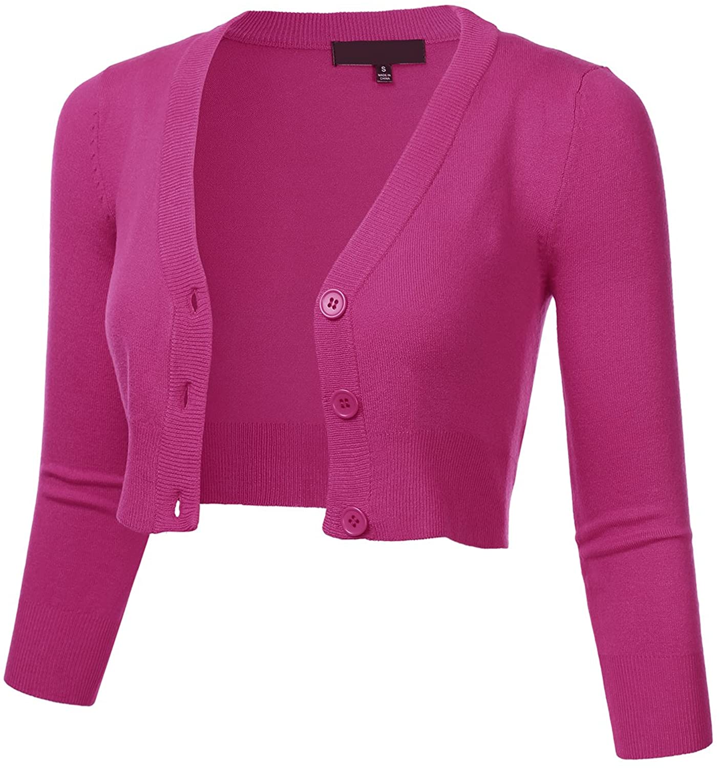 S-4X FLORIA Women Solid Button Down 3/4 Sleeve Cropped Bolero Cardigan Sweater 