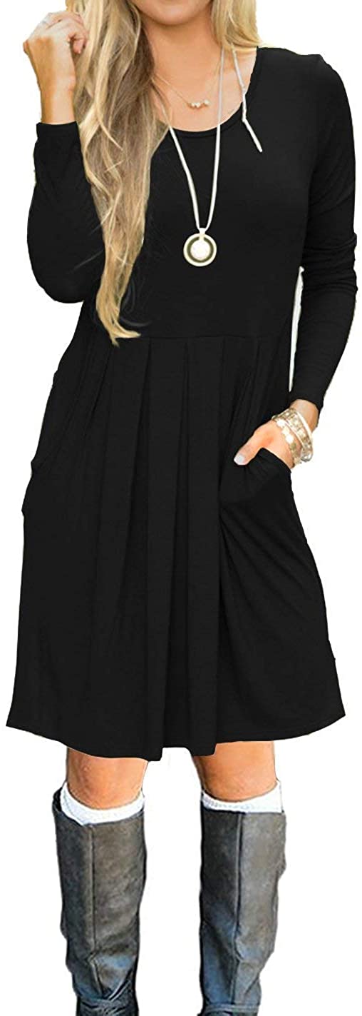 AUSELILY Women's Long Sleeve Pleated Loose Swing Casual Dress with Pockets Knee Length 