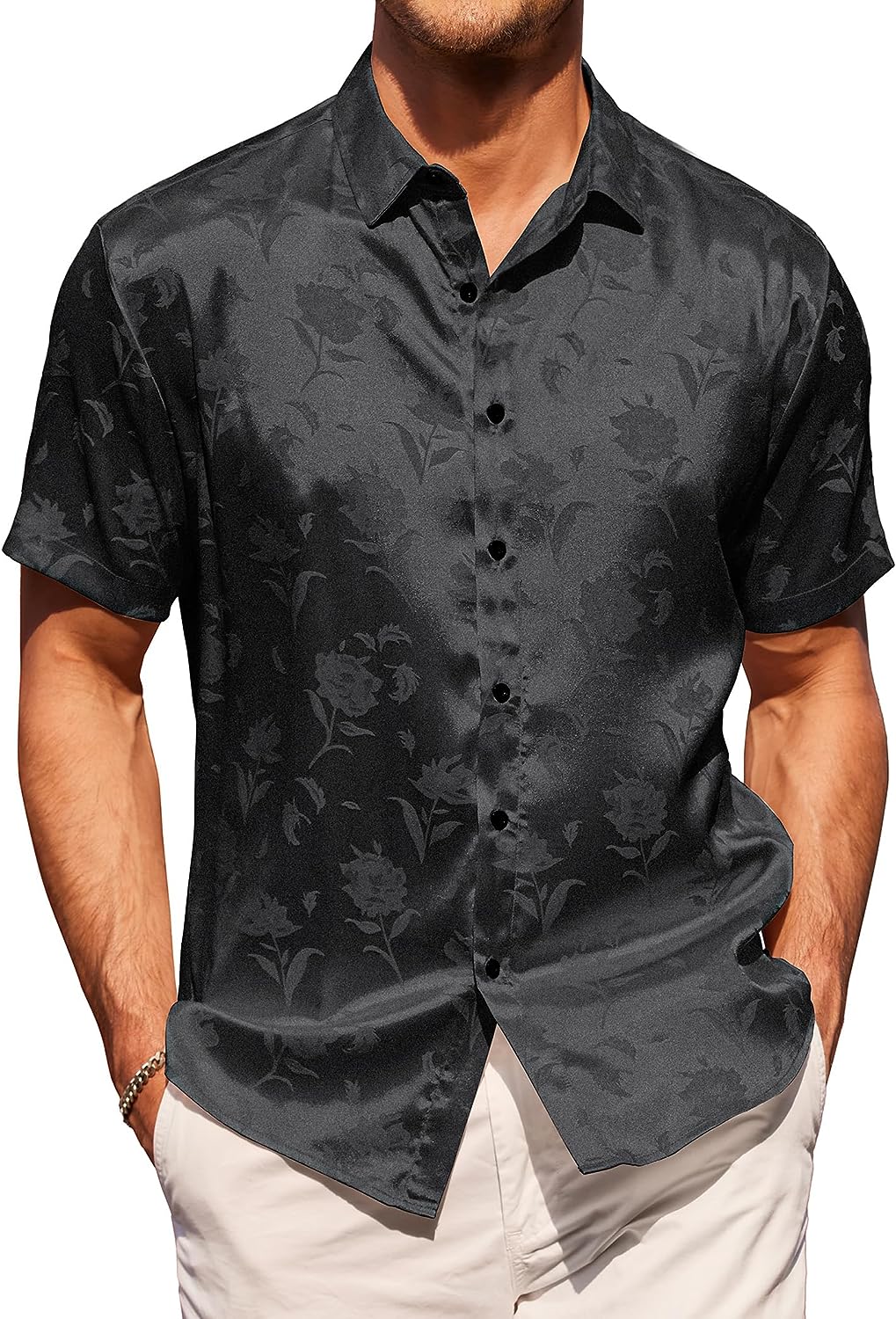 COOFANDY Men's Summer Jacquard Shirts Short Sleeve Silk Satin