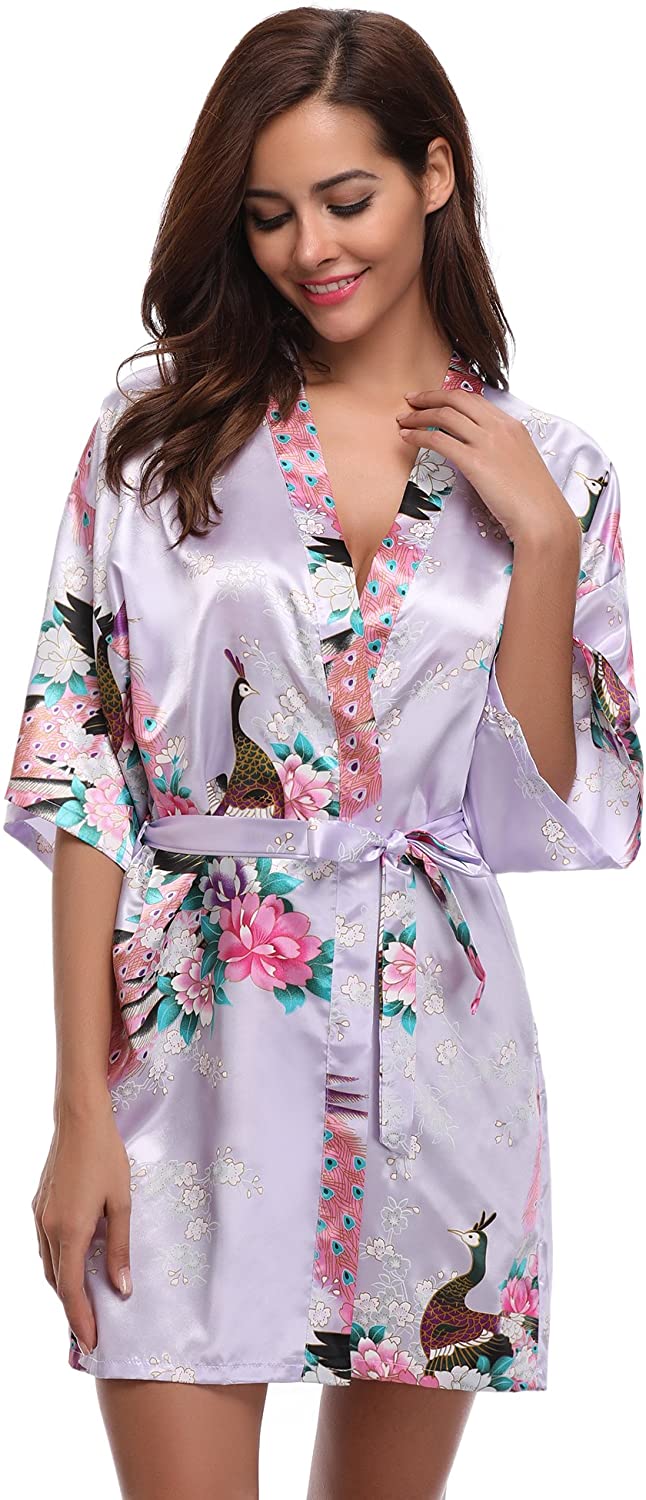 Download Aibrou Women's Kimono Robe Satin Peacock Bathrobe Short ...