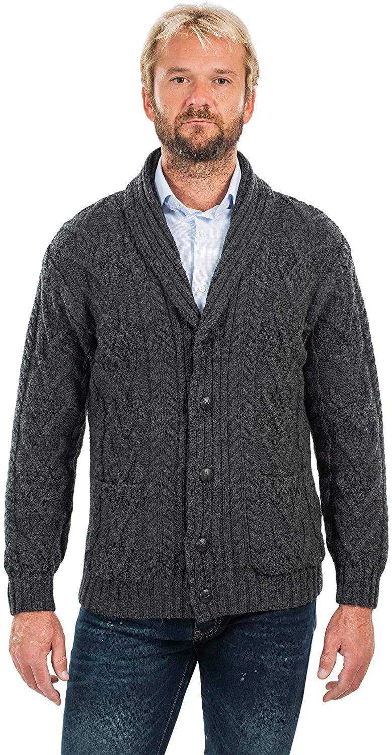 Aran Crafts Men's Irish Cable Knitted Ribbed Shawl Cardigan 100% Merino Wool 