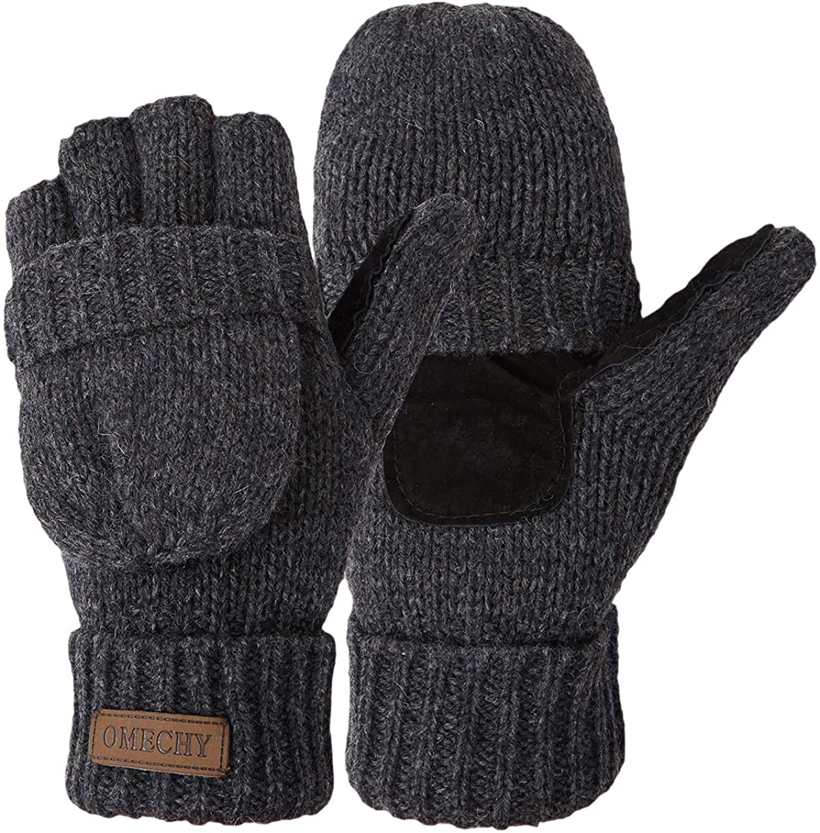 OMECHY Winter Knitted Fingerless Wool Gloves Thermal Insulation Warm Convertible Mittens Flap Cover for Men Women