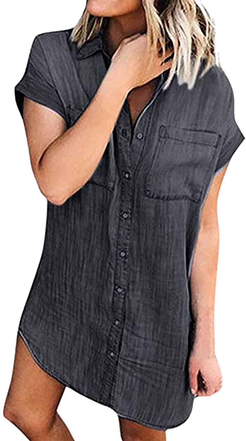 Women Denim Shirt Dresses Short Sleeve Distressed Jean Dress