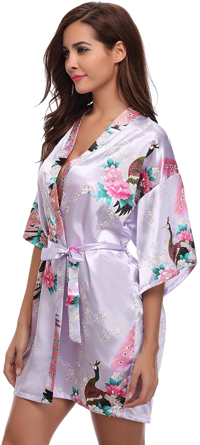 Download Aibrou Women's Kimono Robe Satin Peacock Bathrobe Short ...