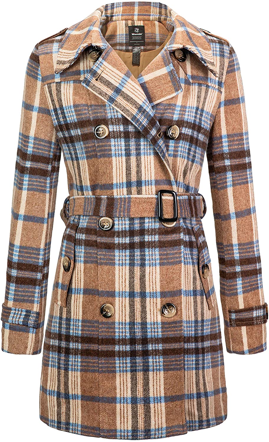 Womens Winter Woollen Blend Plaid Check Mid Length Trench Jacket Pea Coat Overcoat 