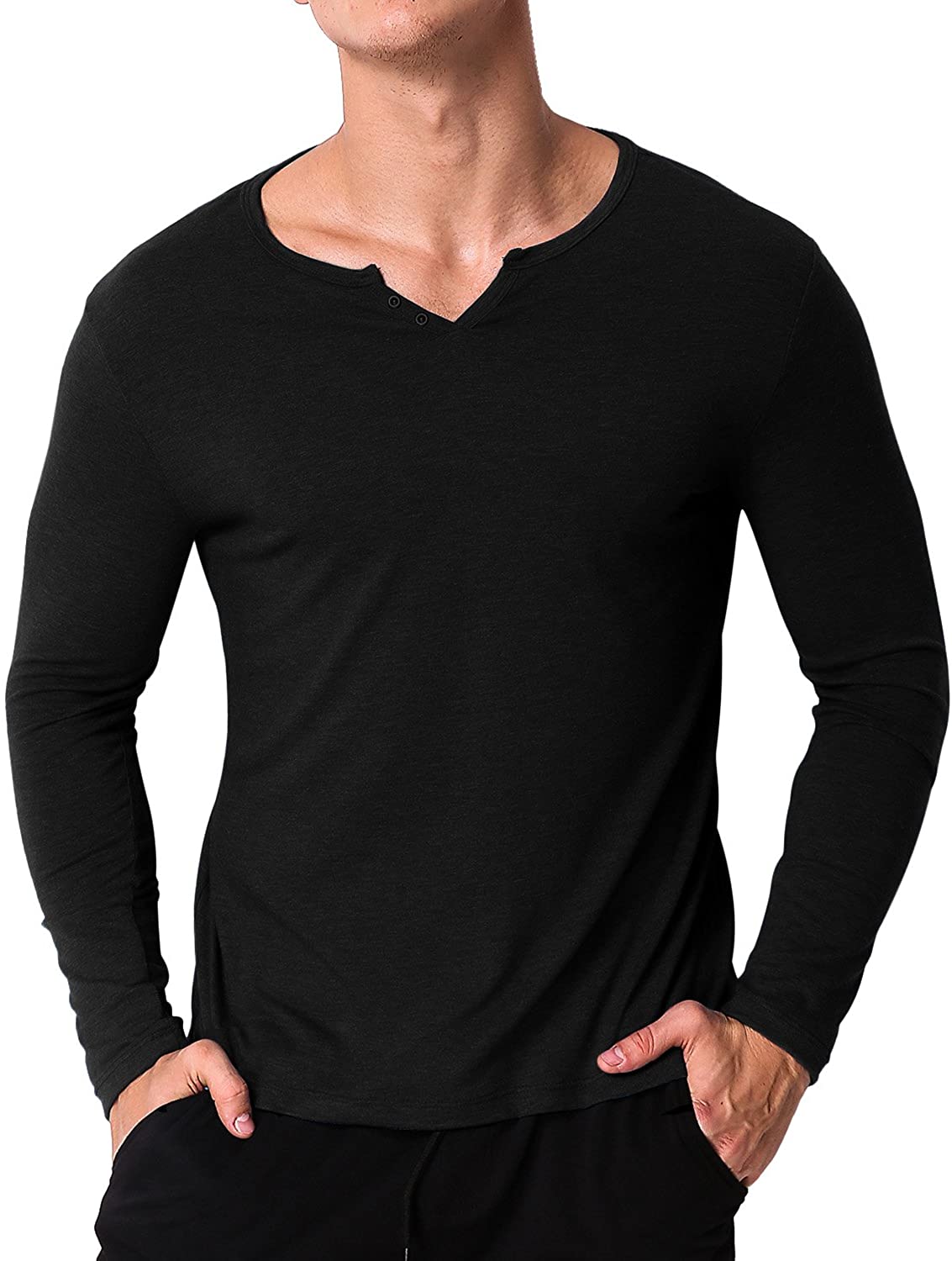 MODCHOK Men's Casual Henley T-Shirts Long Sleeve Slim Fit V Neck Basic ...