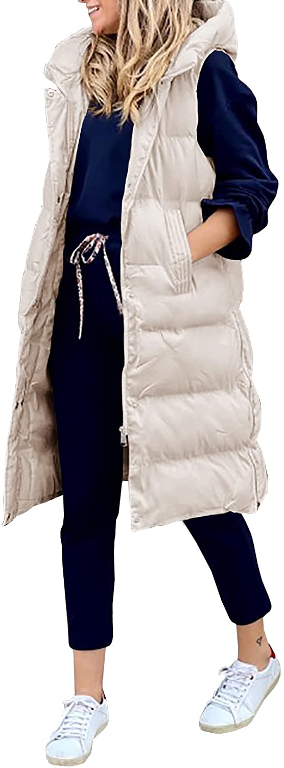 Avilego Women's Hooded Long Down Vest Full-Zip Sleeveless Puffer Vest ...