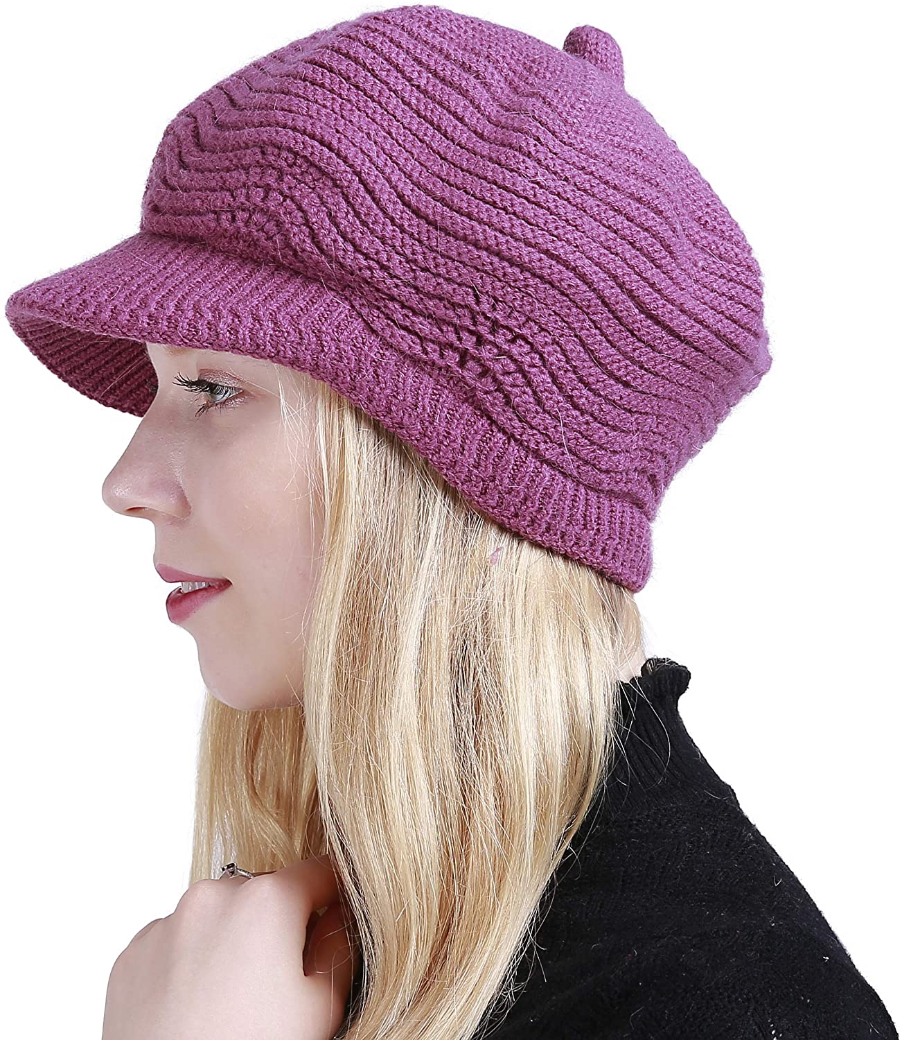 Purple Beanie Visor Knitted Skull Cap Hat Colors Wam Winter Ski Snow Headwear 