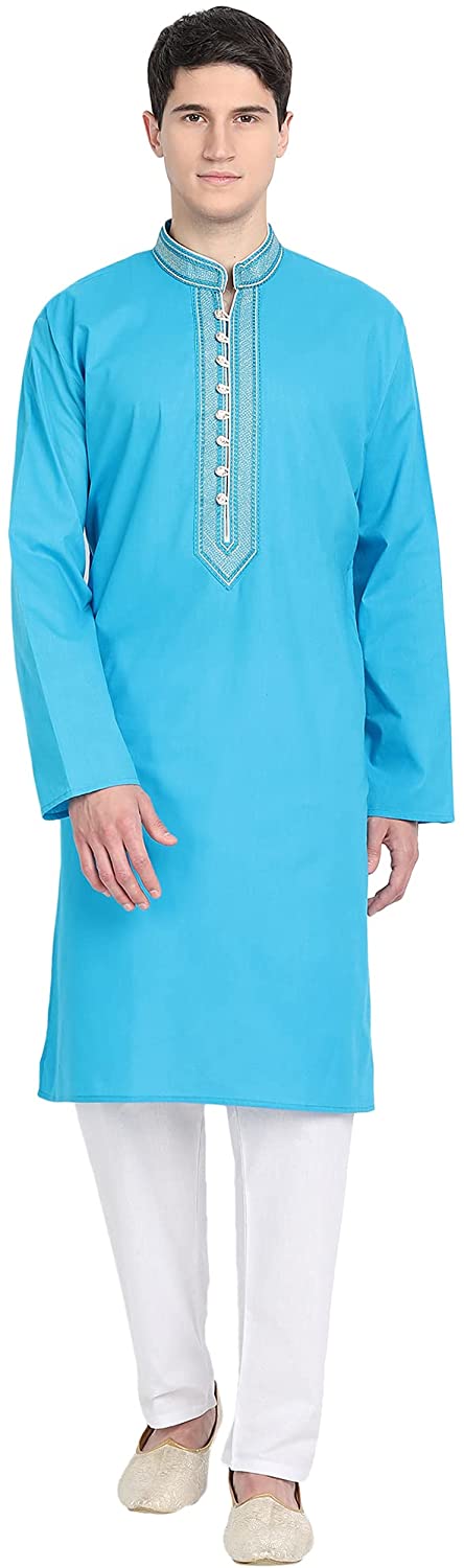 SKAVIJ Men's Tunic Cotton Kurta Pajama Set Casual Indian Suit Christmas Dress Set