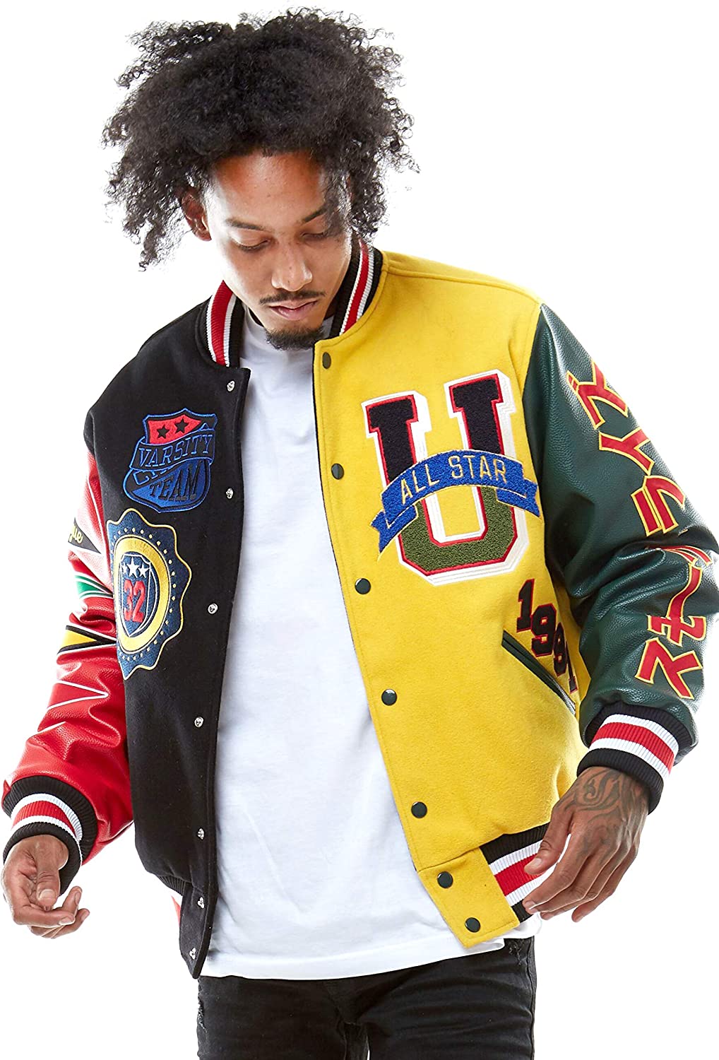 SMOKE RISE COLOR BLOCK FASHION VARSITY JACKET - BLACK/YELLOW