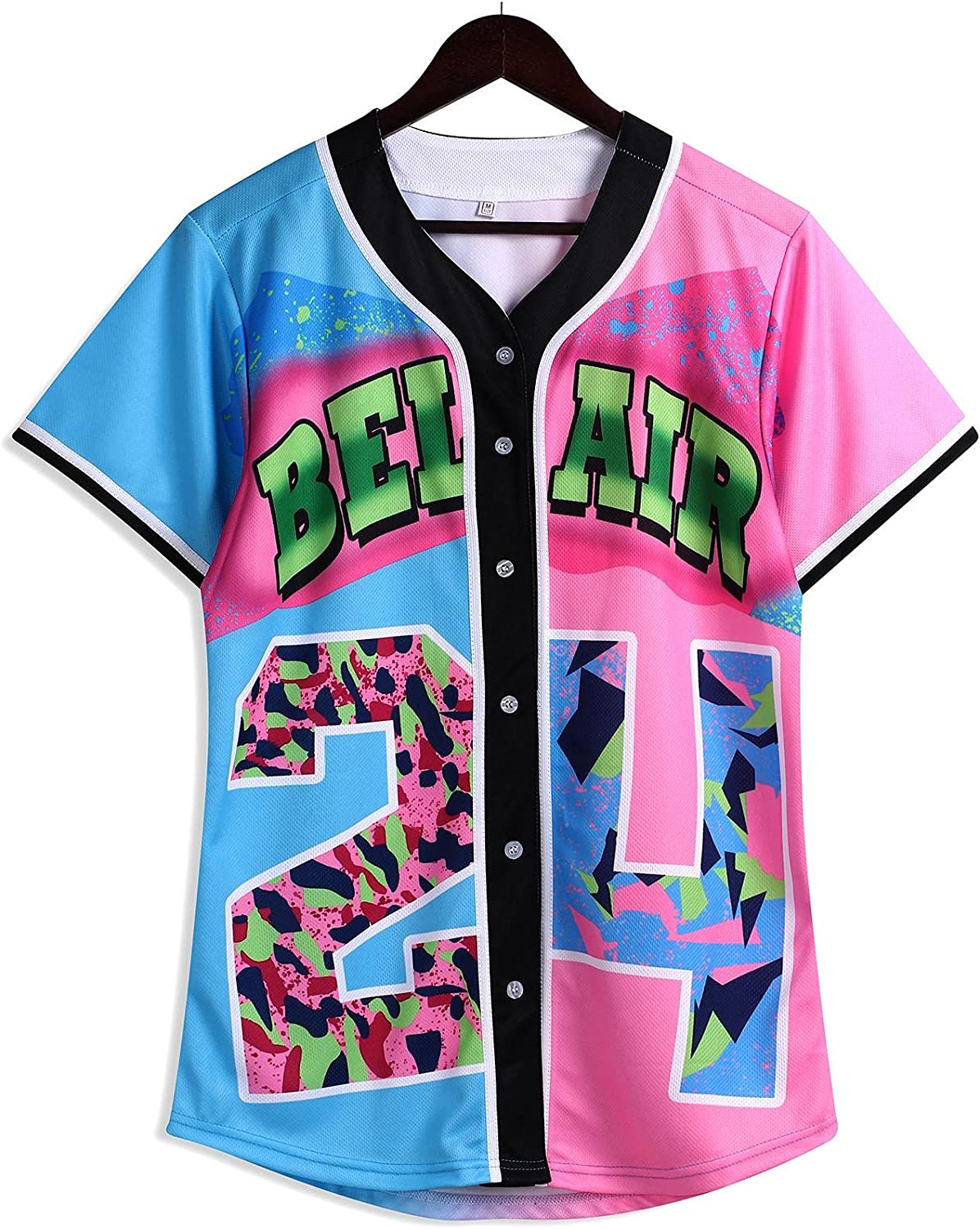 Amzdest 90s Clothing for Women,Unisex Hip Hop Outfit for Party,Bel Air Baseball Jersey,Short Sleeve Button Down Shirt