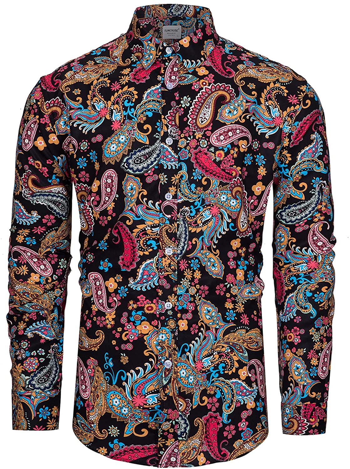 TUNEVUSE Mens Paisley Dress Shirt Floral Print Long Sleeve Button Down 70s Pattern Shirt