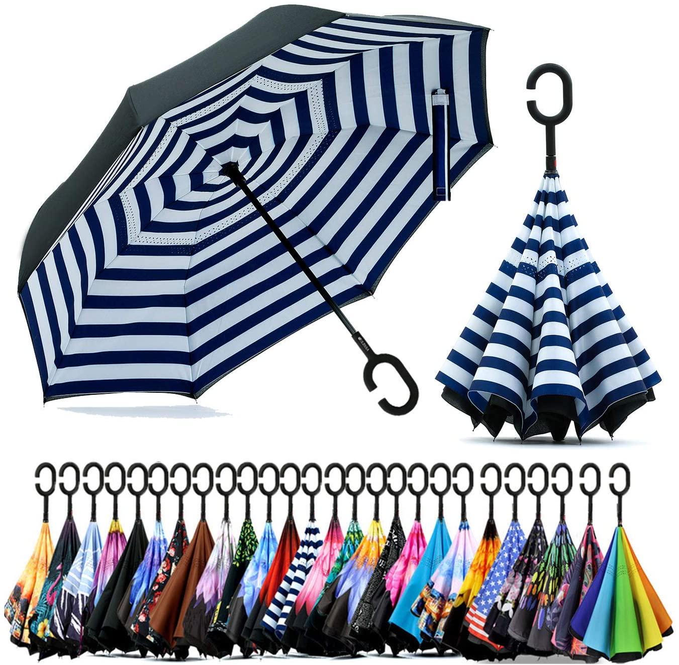 Windproof UPF 50 Big Straight Umbrella with C-Shaped Handle,blue star ABCCANOPY Inverted Umbrella,Double Layer Reverse Rain&Wind Teflon Repellent Umbrella for Car and Outdoor Use 