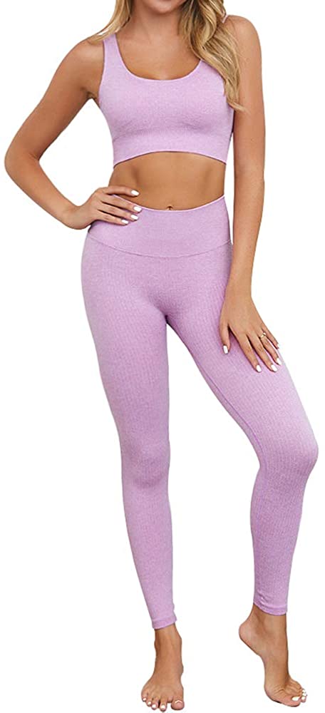 Jetjoy Exercise Outfits for Women 2 Pieces Ribbed Seamless Yoga Outfits Sports