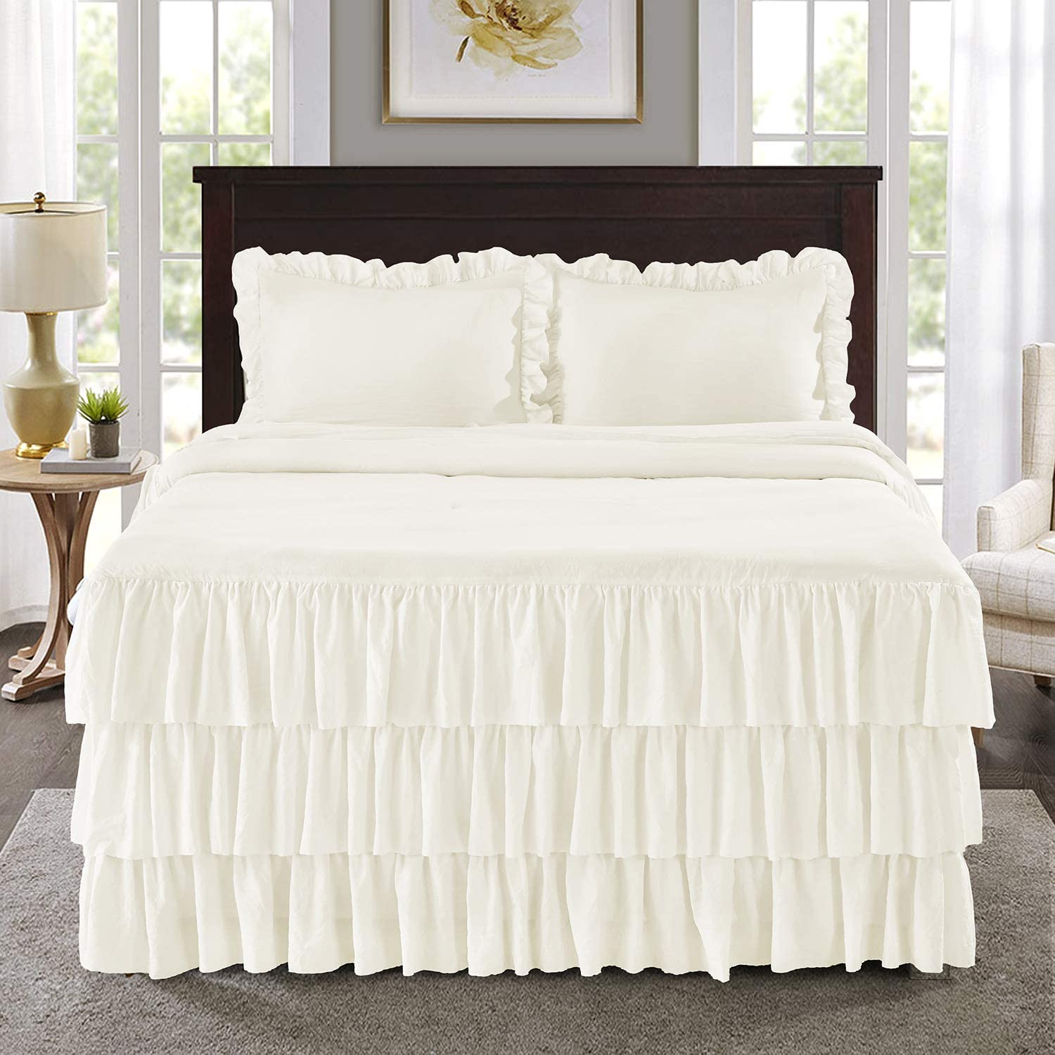 HIG 3 Piece Ruffle Skirt Bedspread Set Queen-Ivory Color 30 inches Drop ...