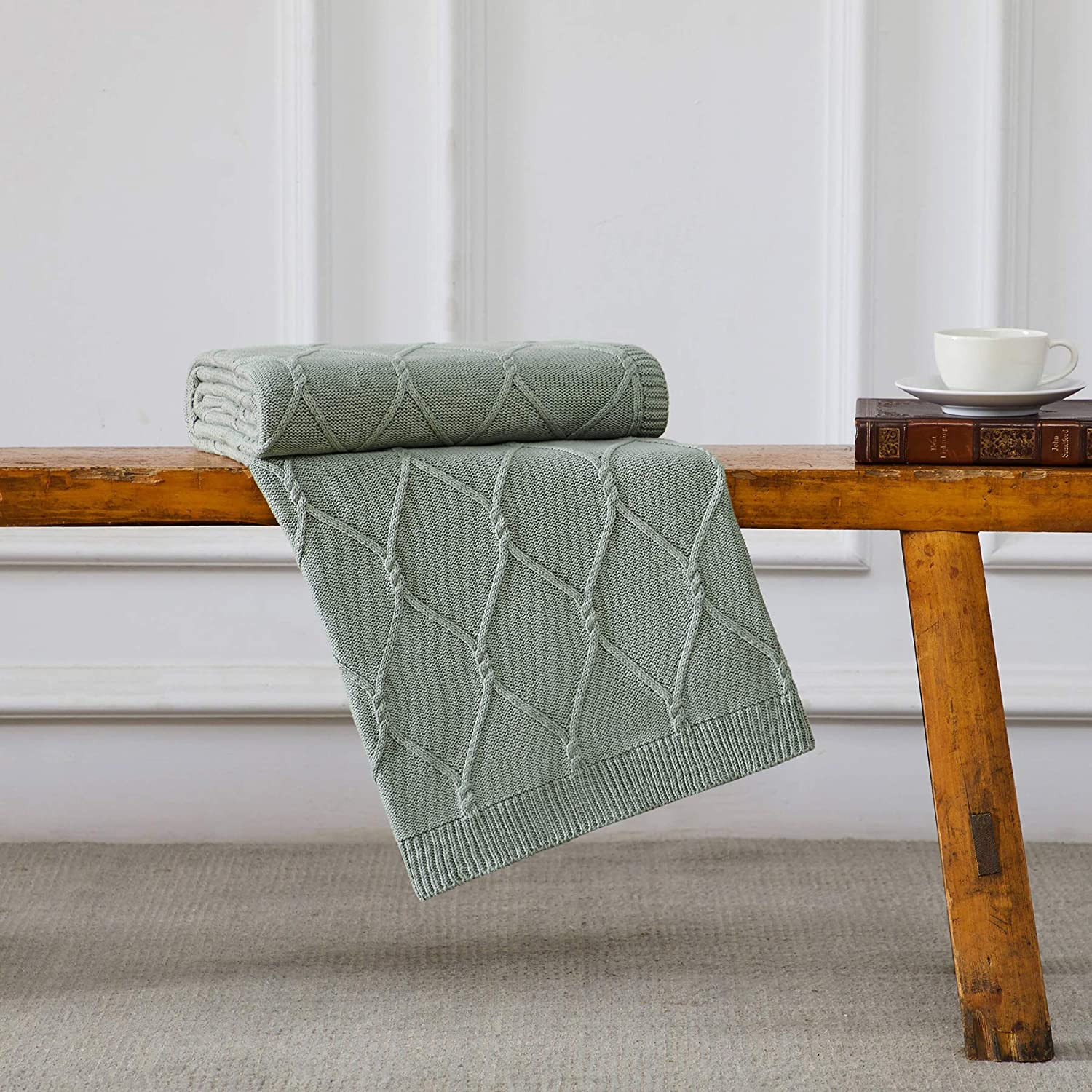 100% Cotton Sage Green Cable Knit Throw Blanket for Couch ...