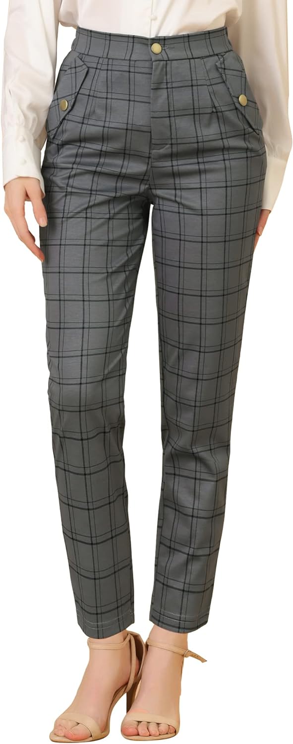 Allegra K Women's Vintage Tartan Plaid Pants Elastic Waist Straight Long  Trouser