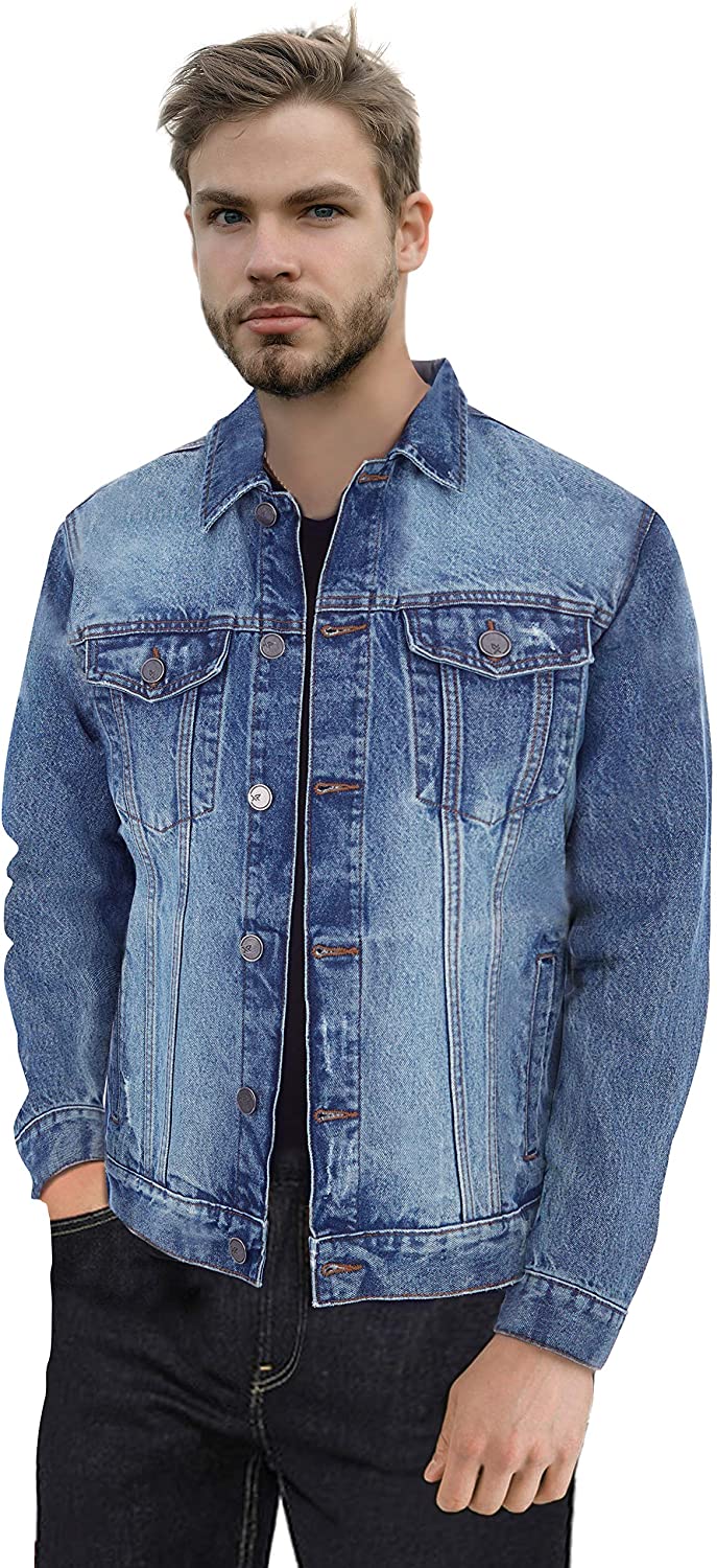 X RAY Men's Washed Trucker Denim Jacket With Fleece Hood & Sleeves