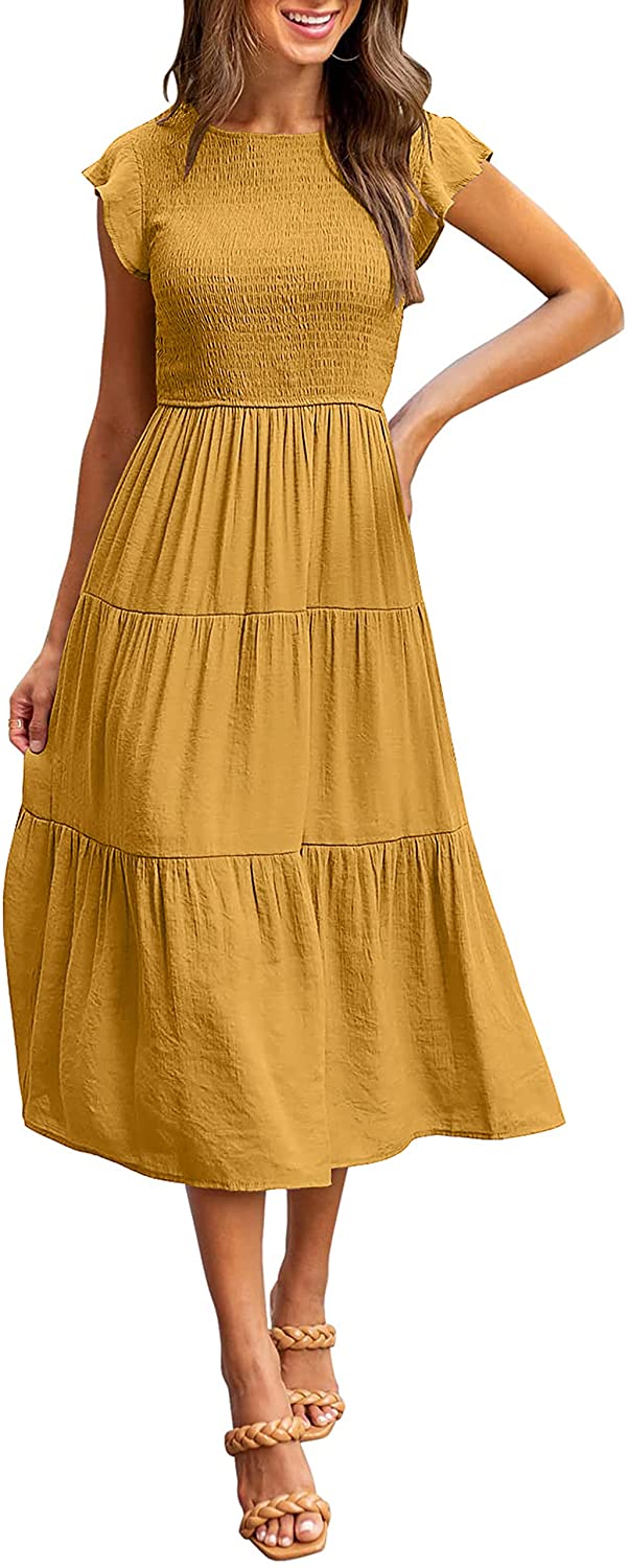 MEROKEETY Women's Flutter Short Sleeve Smocked Midi Dress Summer Casual  Tiered A-Line Dress