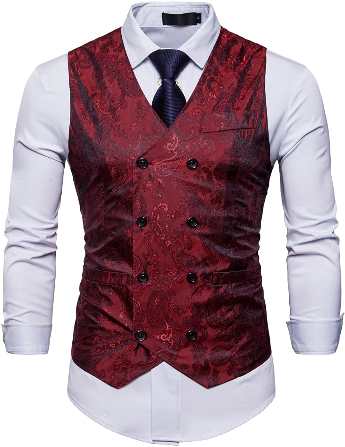 ZEROYAA Mens Hipster V Neck Slim Fit Double Breasted Paisley Dress Vest ...