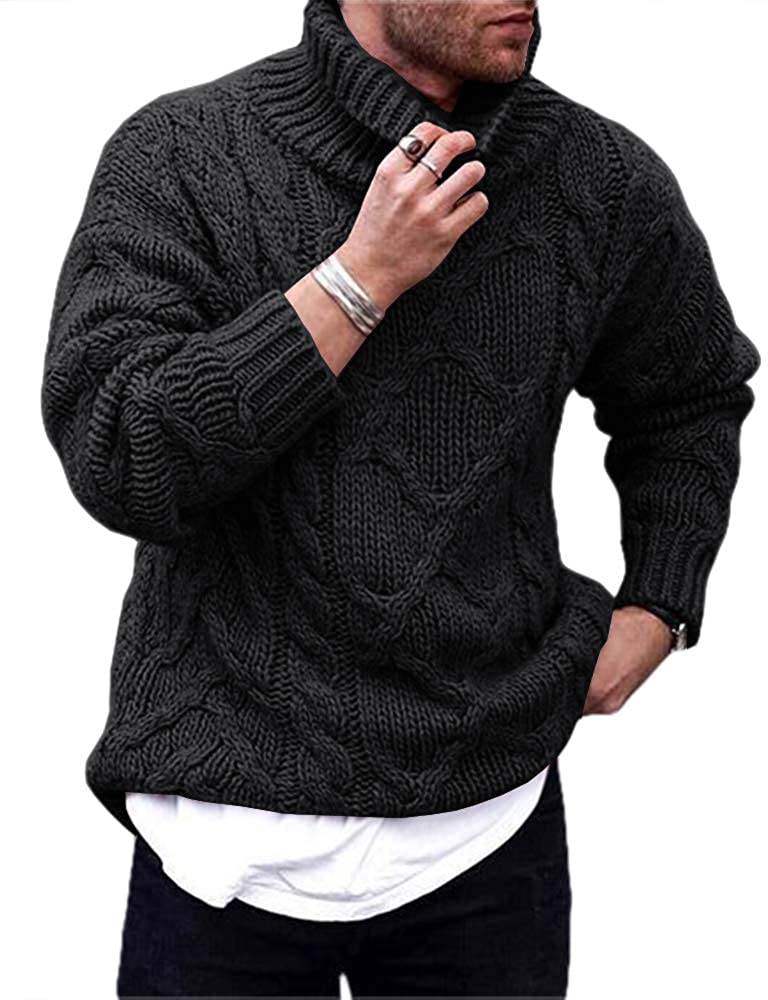 Karlywindow Mens Cable Knitted Cardigan Sweater Turtleneck Long Sleeve Slim Fit Winter Zipper Front Casual Pullover Sweaters 
