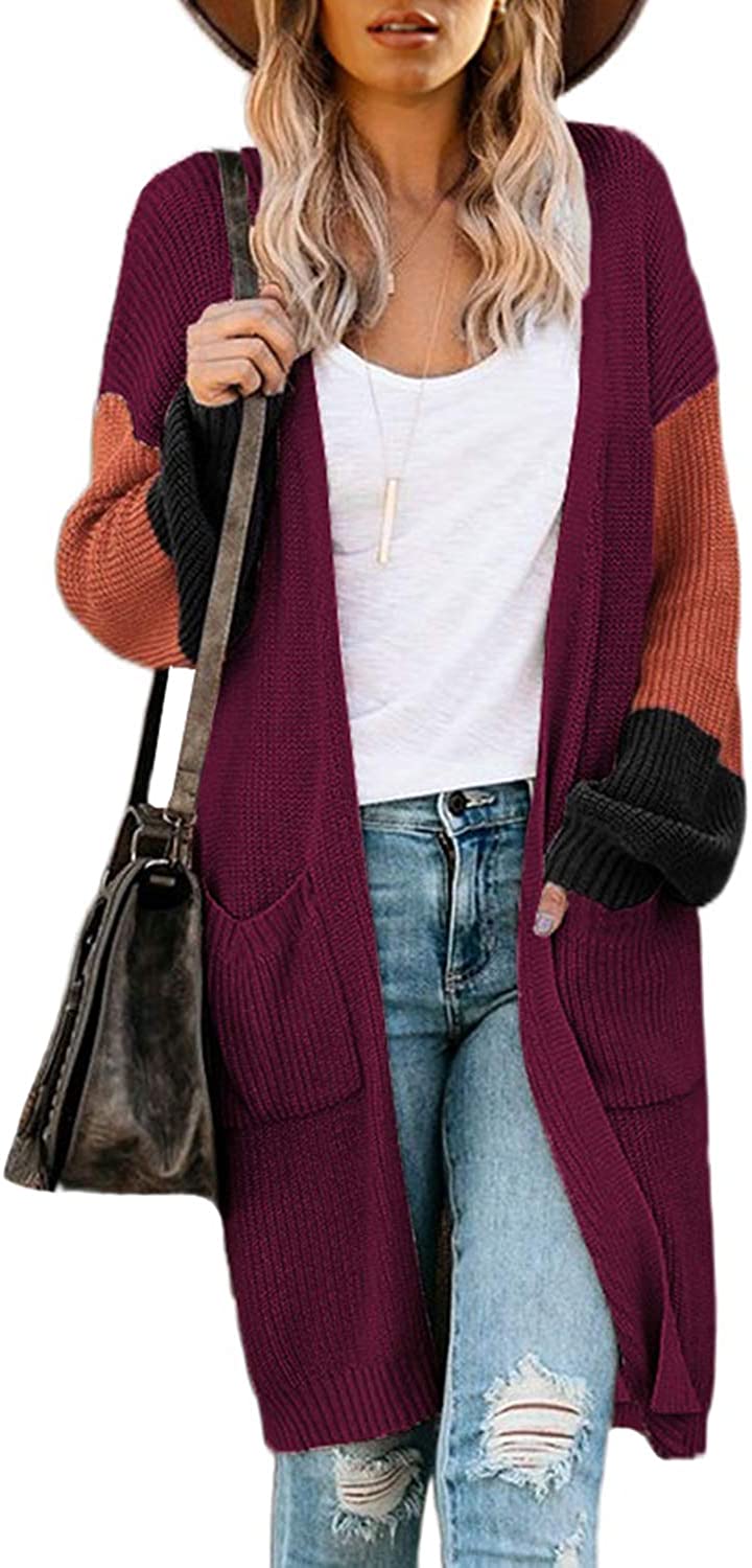 Dokotoo Women's Long Open Front Cardigans Striped Color Block Loose Knit Sweaters Outwear Coat 