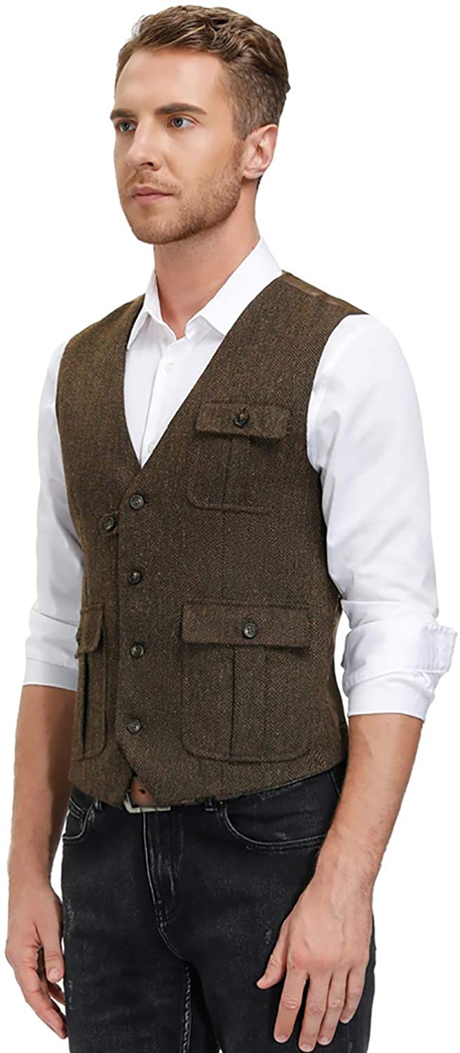 Mens Vintage Herringbone Tweed Waistcoat Tailored Collar Wool Blend ...