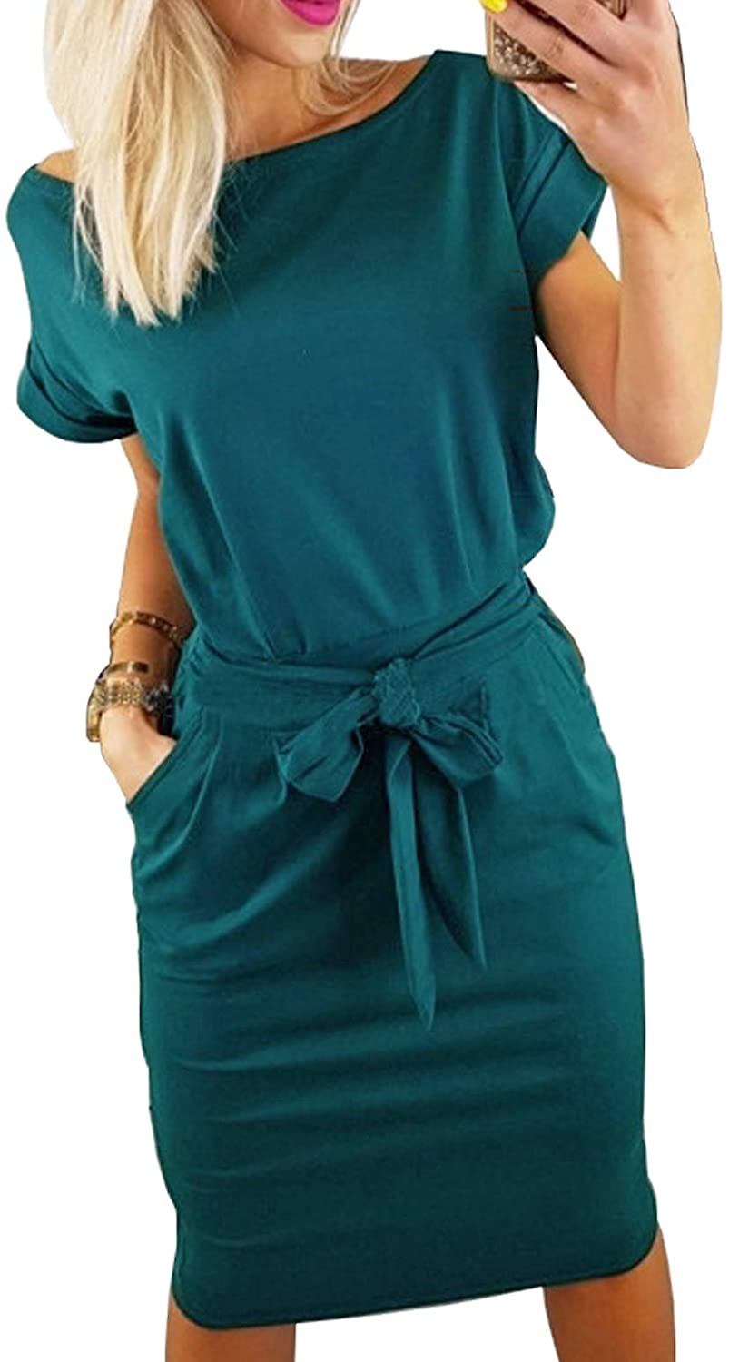 Longwu Women's Elegant Comfortable Casual Short Sleeve Pencil Dress with  Belt Po | eBay