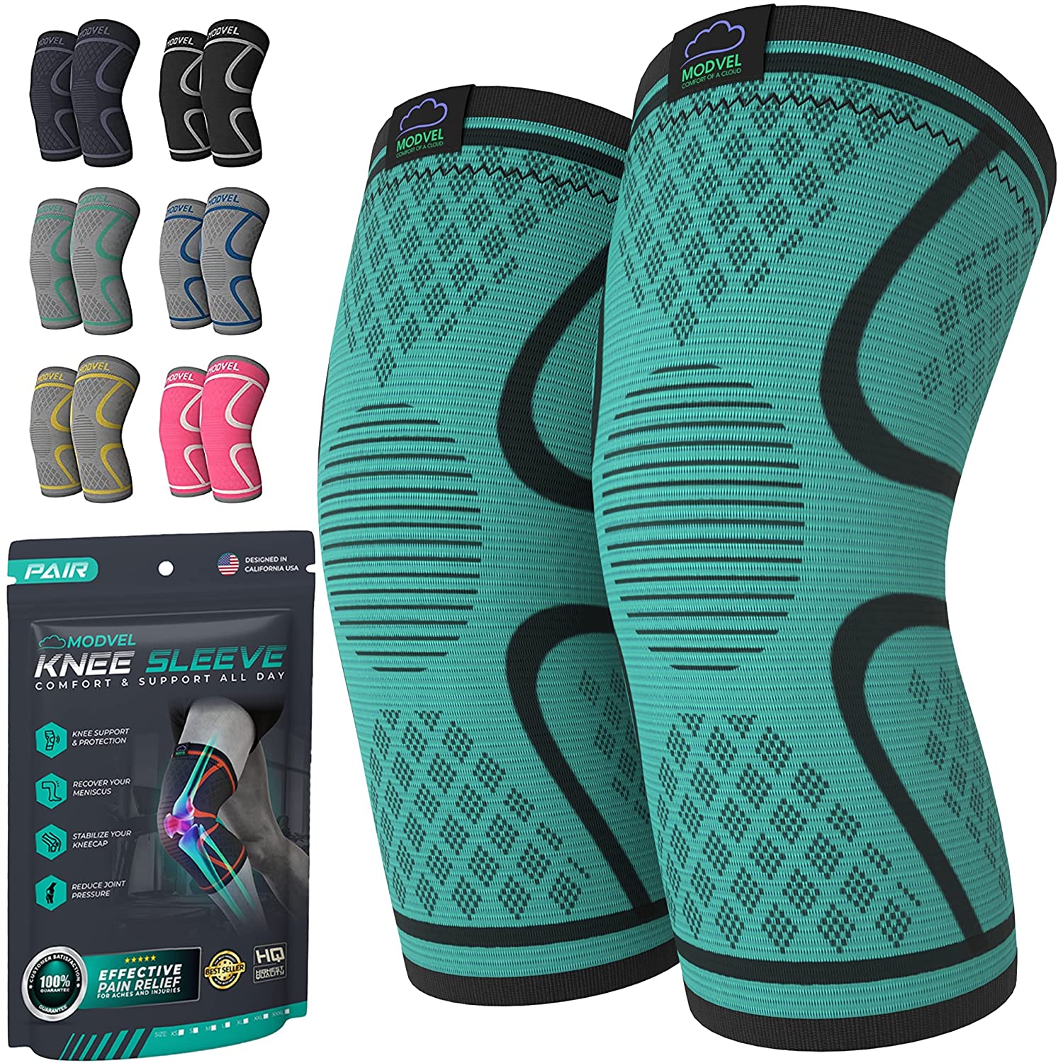 Modvel 2 Pack Knee Brace Compression Sleeve for Men & Women, Knee Support  for R