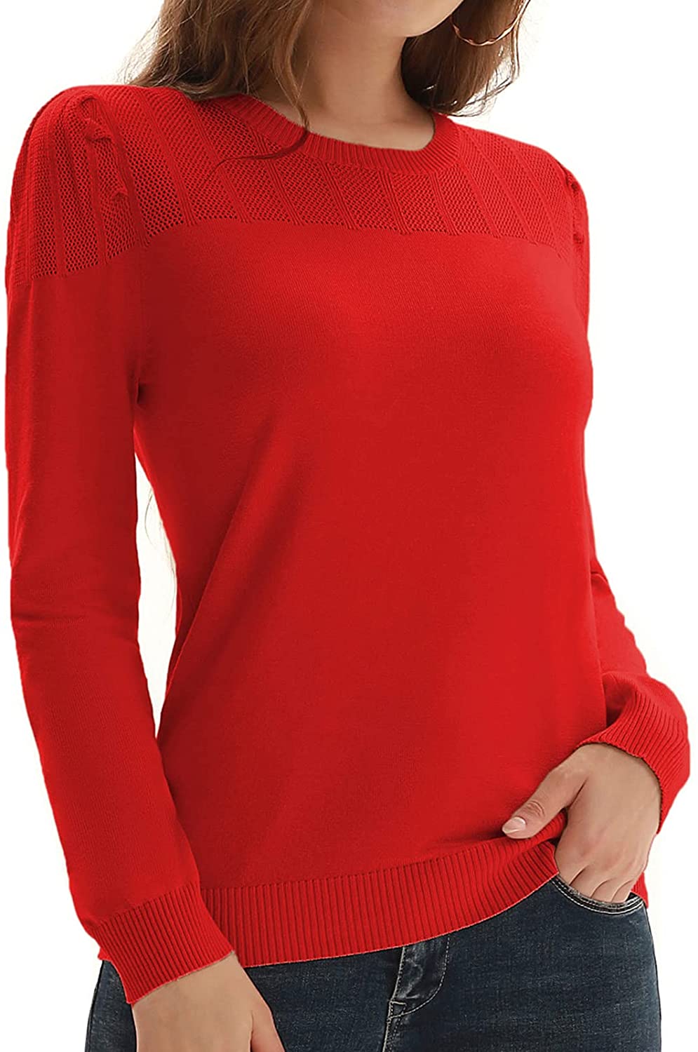 KANCY KOLE Women's Crewneck Pullover Sweater Puff Sleeve Vintage Style Sweaters Blouse