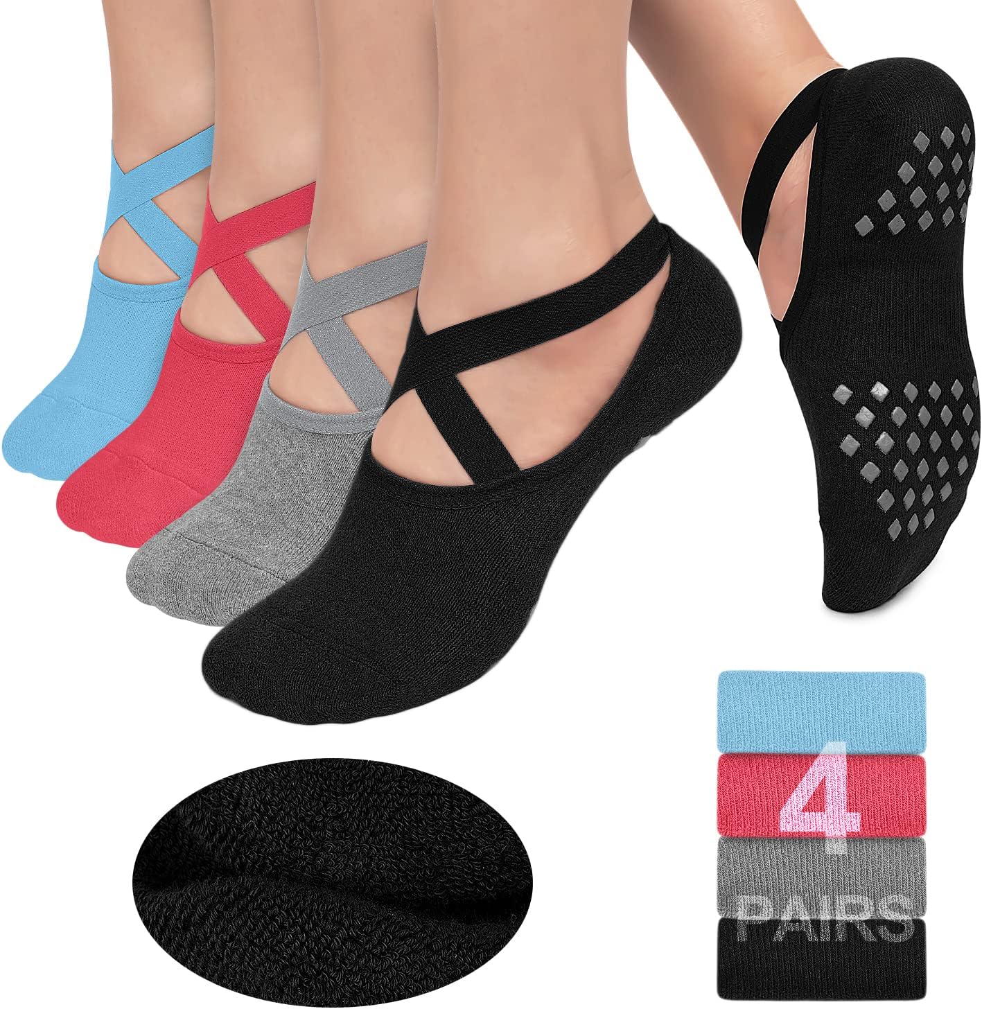 Non-slip Non-Skid Yoga Pilates Socks for Women, Pure