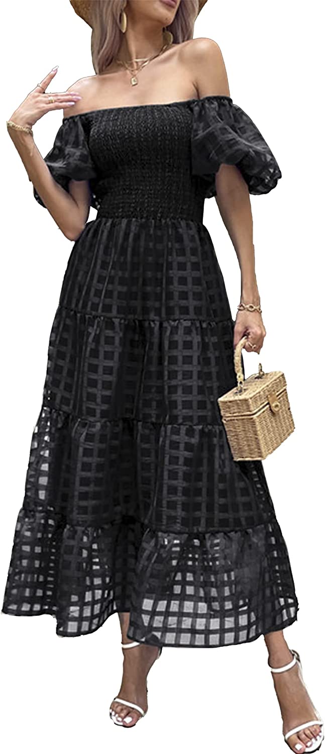 PRETTYGARDEN Women's Casual Summer Midi Dress Puffy Short Sleeve