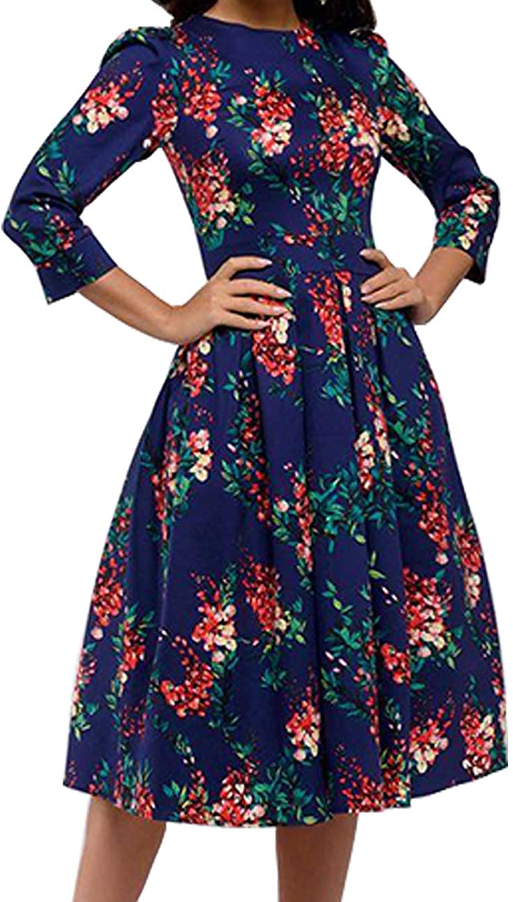 Simple Flavor Women's Floral Vintage Dress Elegant Midi Evening Dress 3/4 Sleeves 