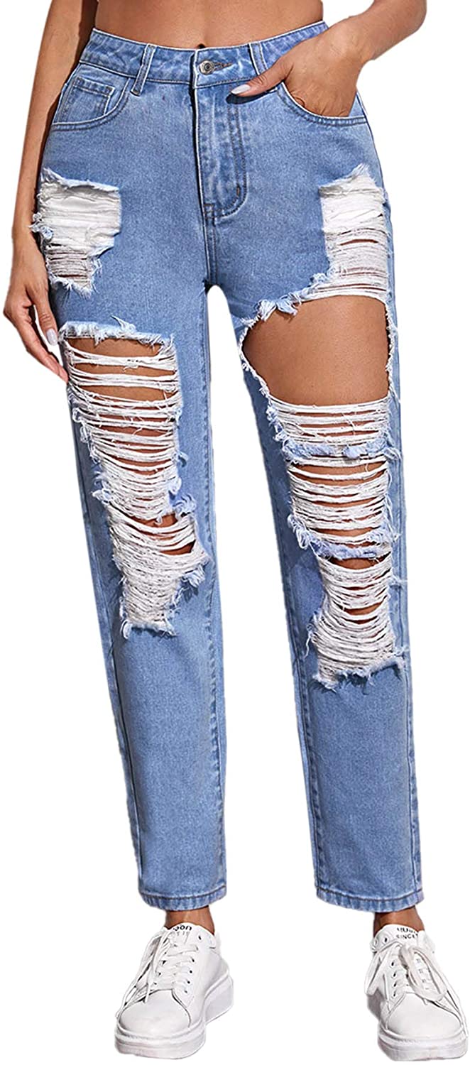 SweatyRocks Women's Ripped Boyfriend Jeans Distressed Denim Ankle Length  Jeans
