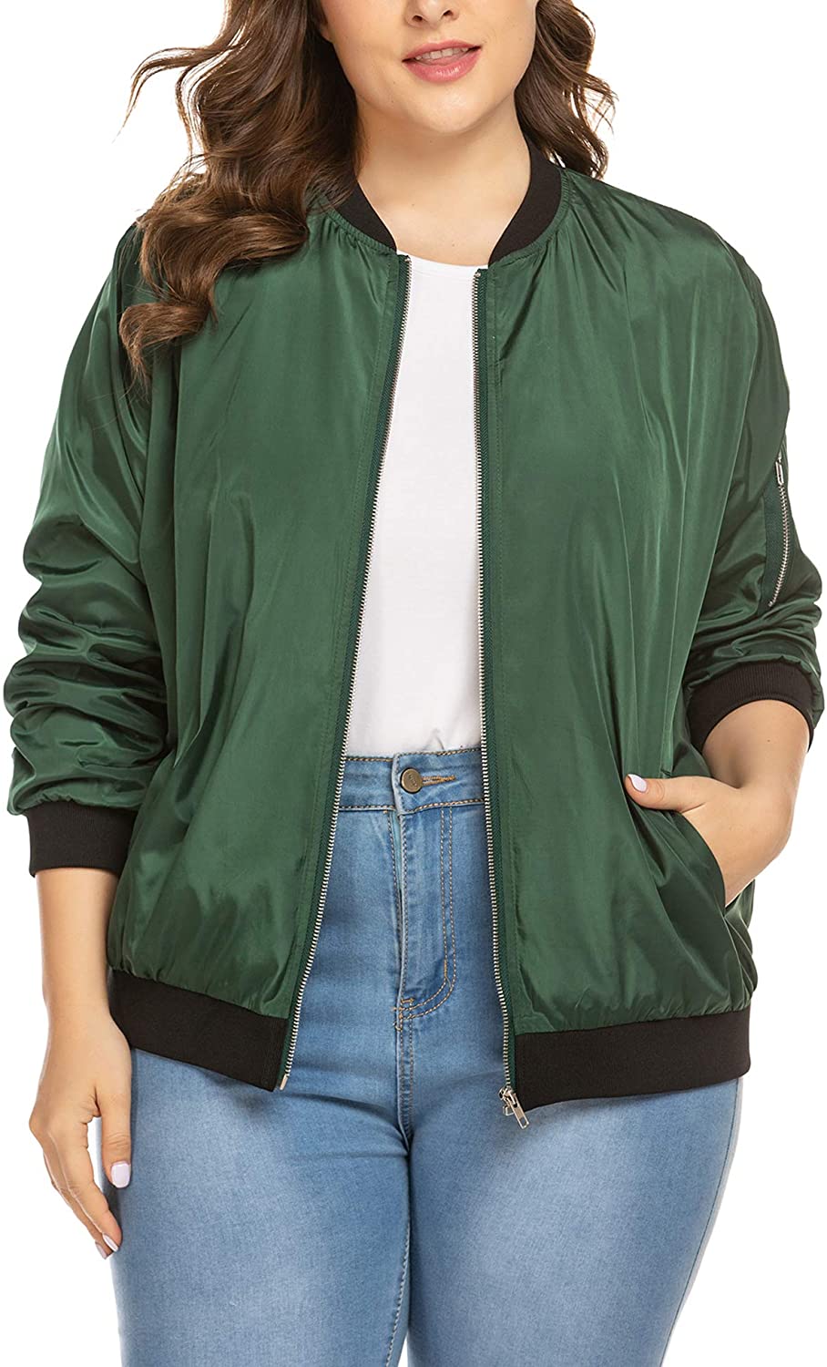 INVOLAND Womens Jacket Plus Size Bomber Jackets Lightweight with Pockets Zip Up Quilted Casual Coat Outwear