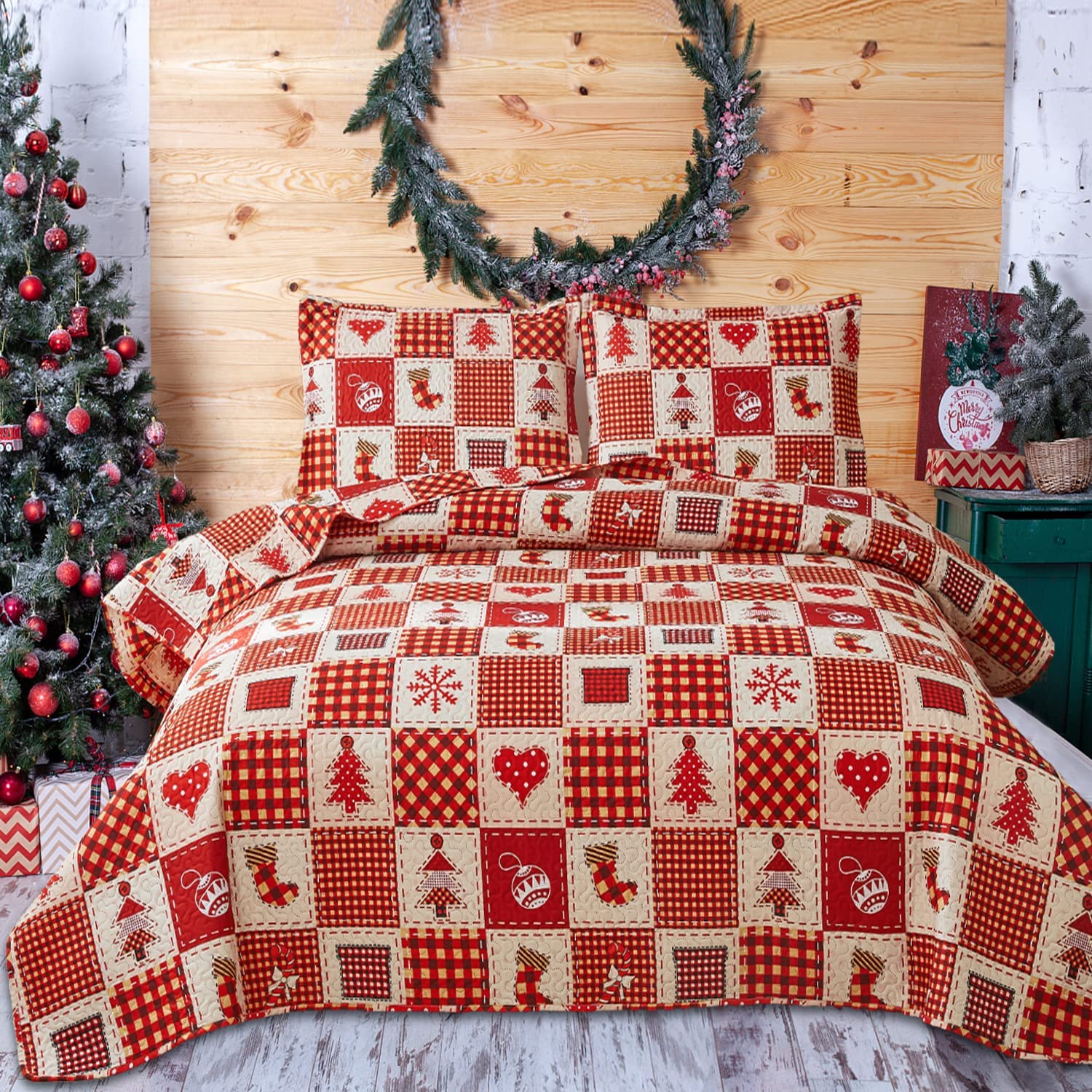 CHESITY Christmas Quilt Set Full/Queen Size, 3Piece Christmas Bedding