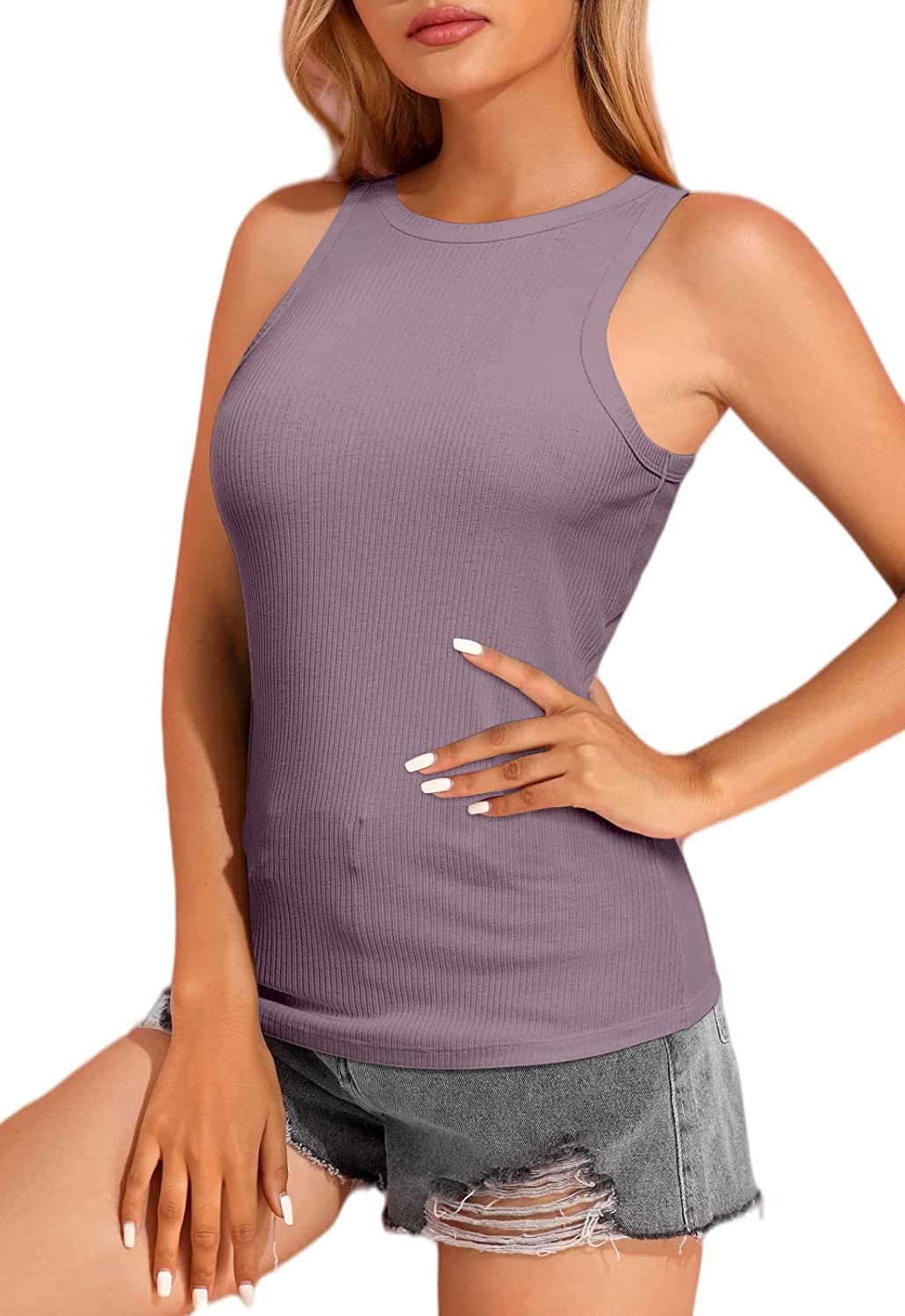 V FOR CITY Women's Ribbed Tank Top with Shelf Bra and Racerback - Long  Design, Moisture Wicking, Perfect for Workout and Everyday Wear