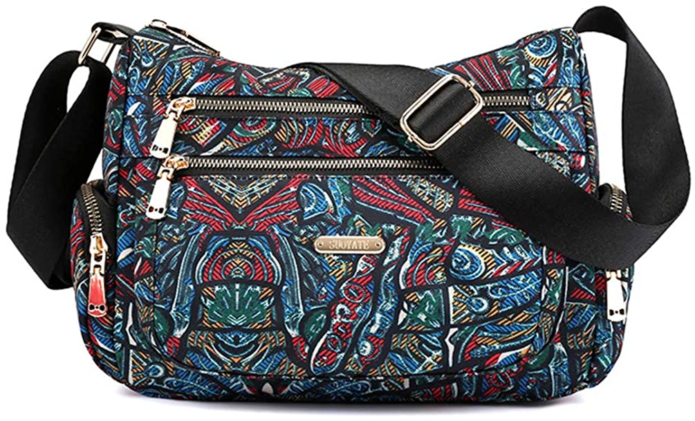 Nawoshow Nylon Floral Multi-Pocket Crossbody Purse Bags for Women Travel Shoulder Bag 