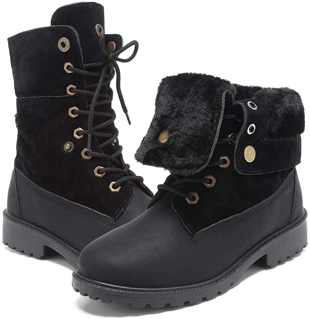 GOUPSKY Winter Snow Boots for Women Warm Suede Chunky Block Heel Round Toe Faux Fur Outdoor Mid-Calf Ankle Booties