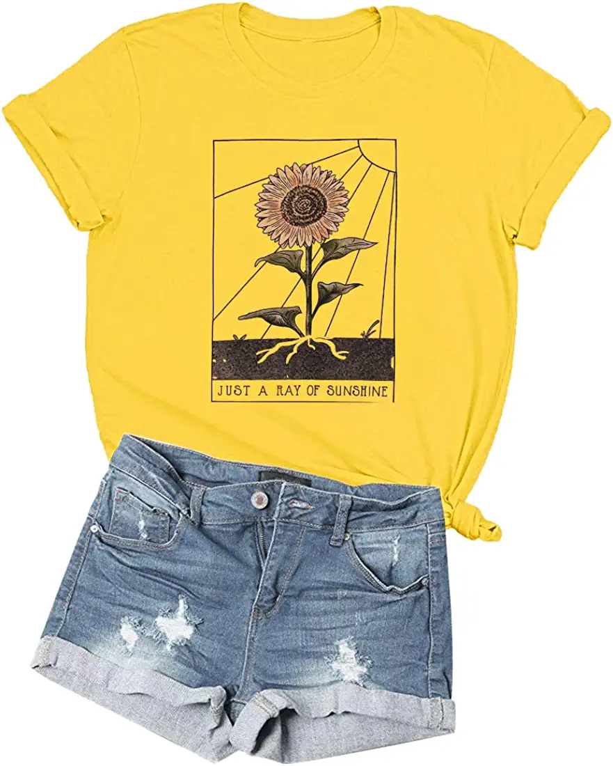 Rpvati Summer Shirts Women Casual Short Sleeve Sunflower T-Shirts Cute  Flower Graphic Loose Tees Round Neck Casual Shirts Army Green M at   Women's Clothing store